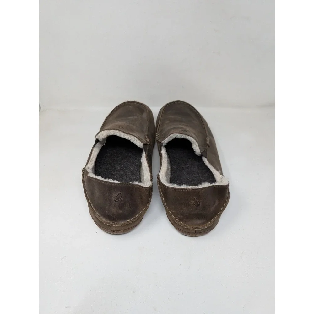 Olukai Moloa Men's Size 14 Leather Shearling Slippers Shoes Sheep Fleece Lined‎